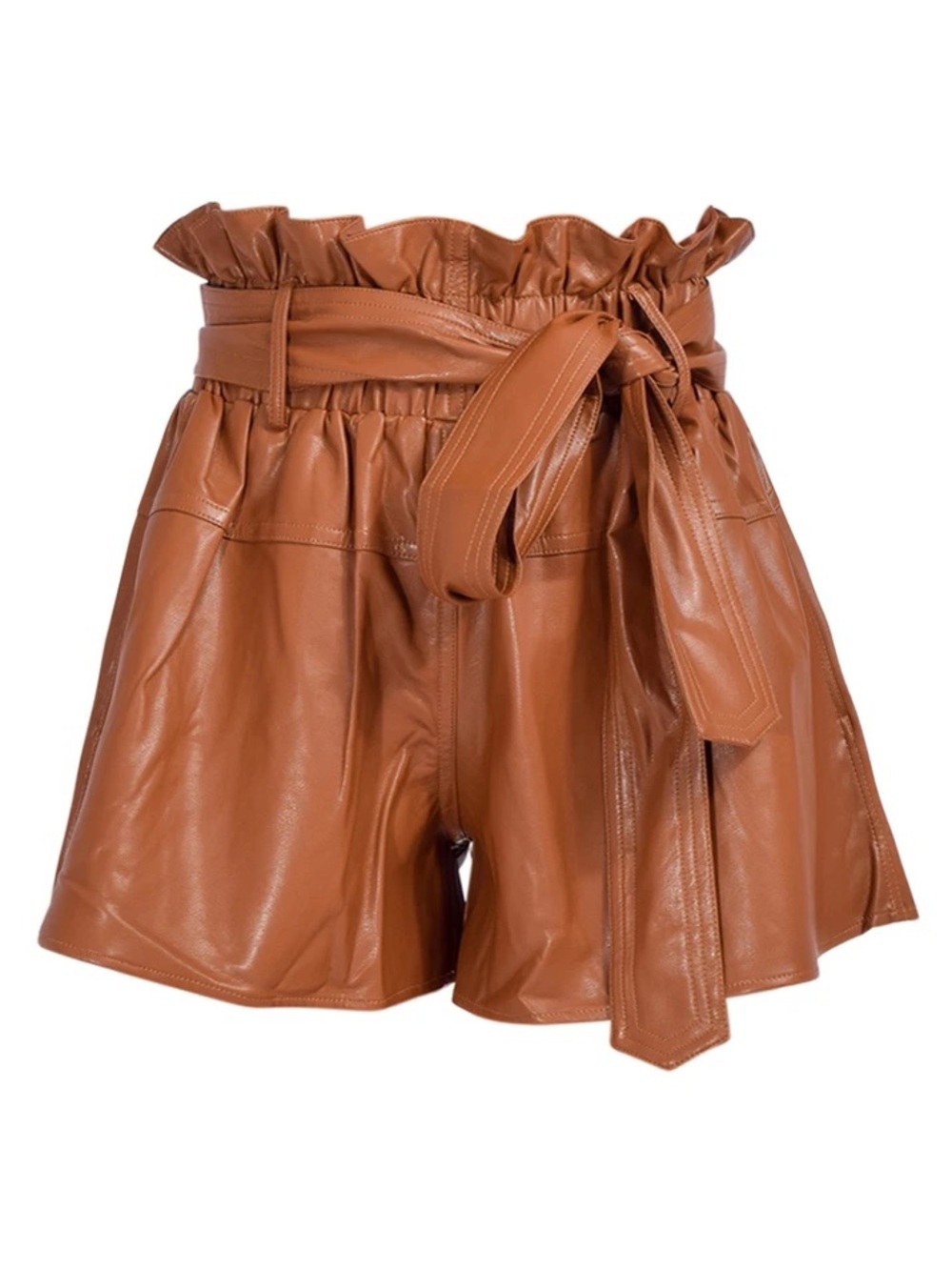 Karina Grimaldi High-Waist Paperbag Faux Leather Shorts - Cognac Brown